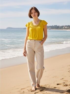 Layered With Love Yellow Embellished Scoop-Neck Top Size S